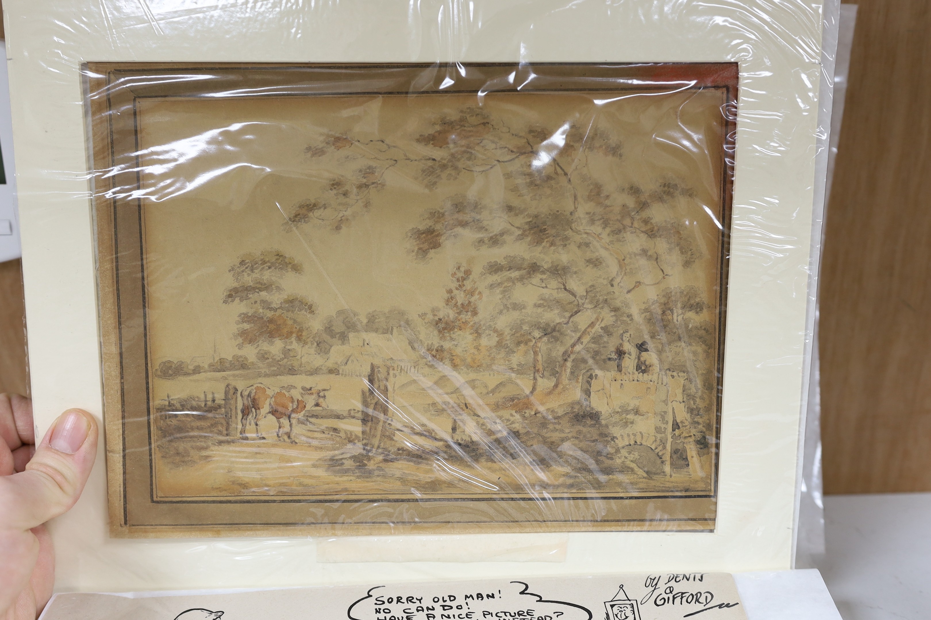 A group of assorted unframed watercolours and drawings including a landscape attributed to Paul Sandby, 16 x 22cm